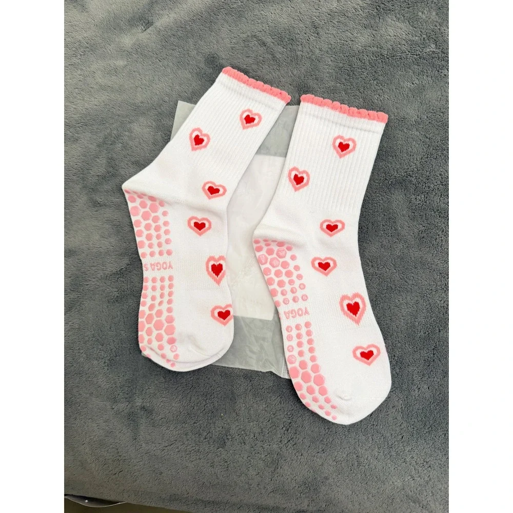 Yoga Sports Grip Socks Women One Size White Pink New Heart Print Non-slip Crew